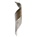 Wooden wind chime with curved design on a white background