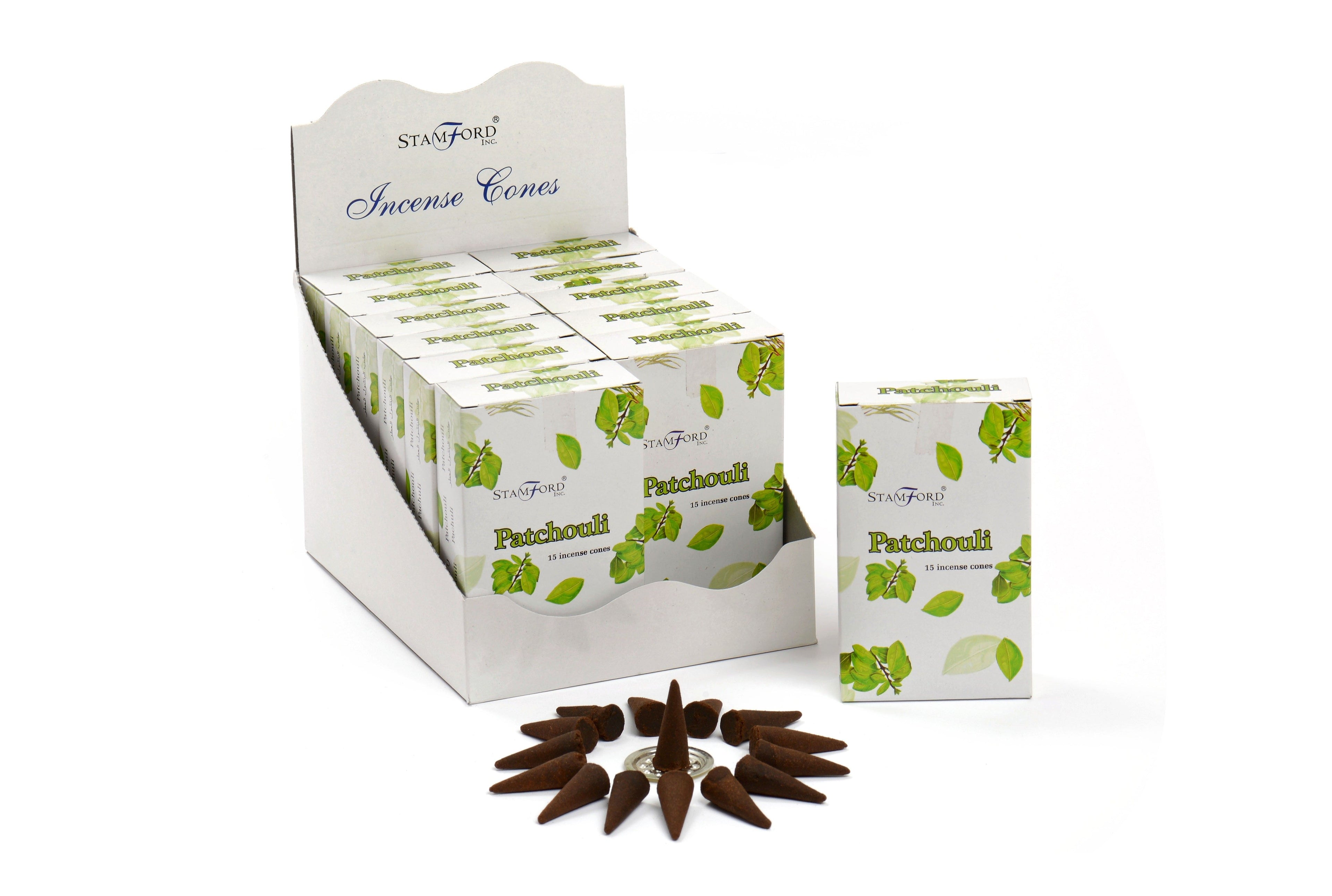 Display of Stamford Incense Cones with packaging on a white background