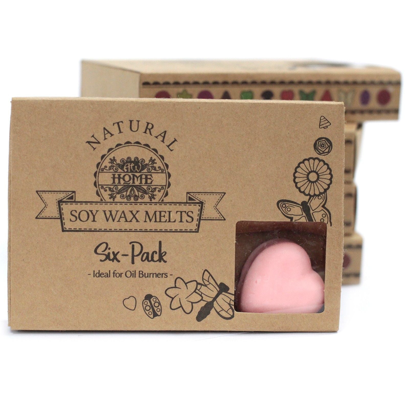 Six-pack of natural soy wax melts in a cardboard box with a pink wax melt visible.