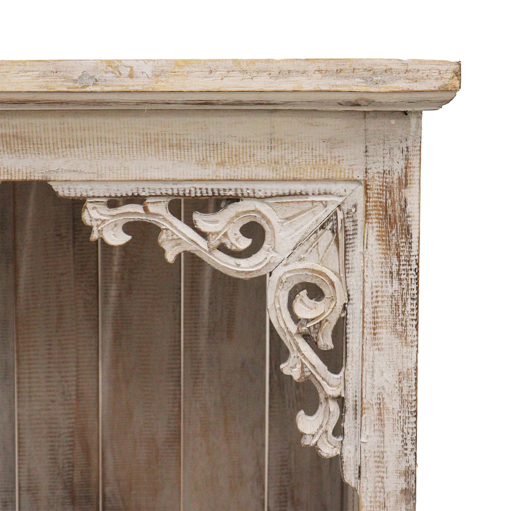 Wooden fireplace mantel with decorative corbels on a white background