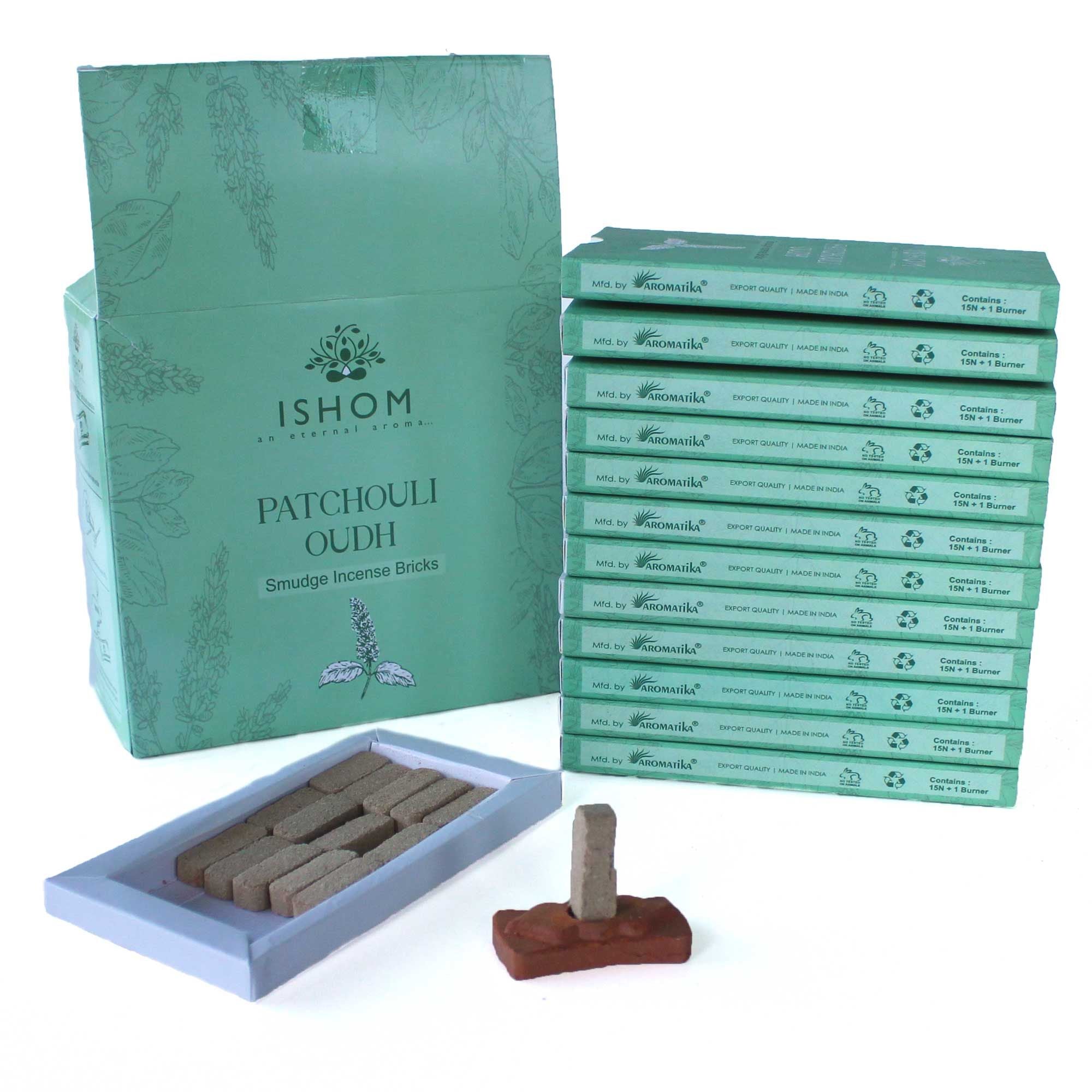 Ishom Patchouli Oudh incense packaging with incense sticks and holder on a white background