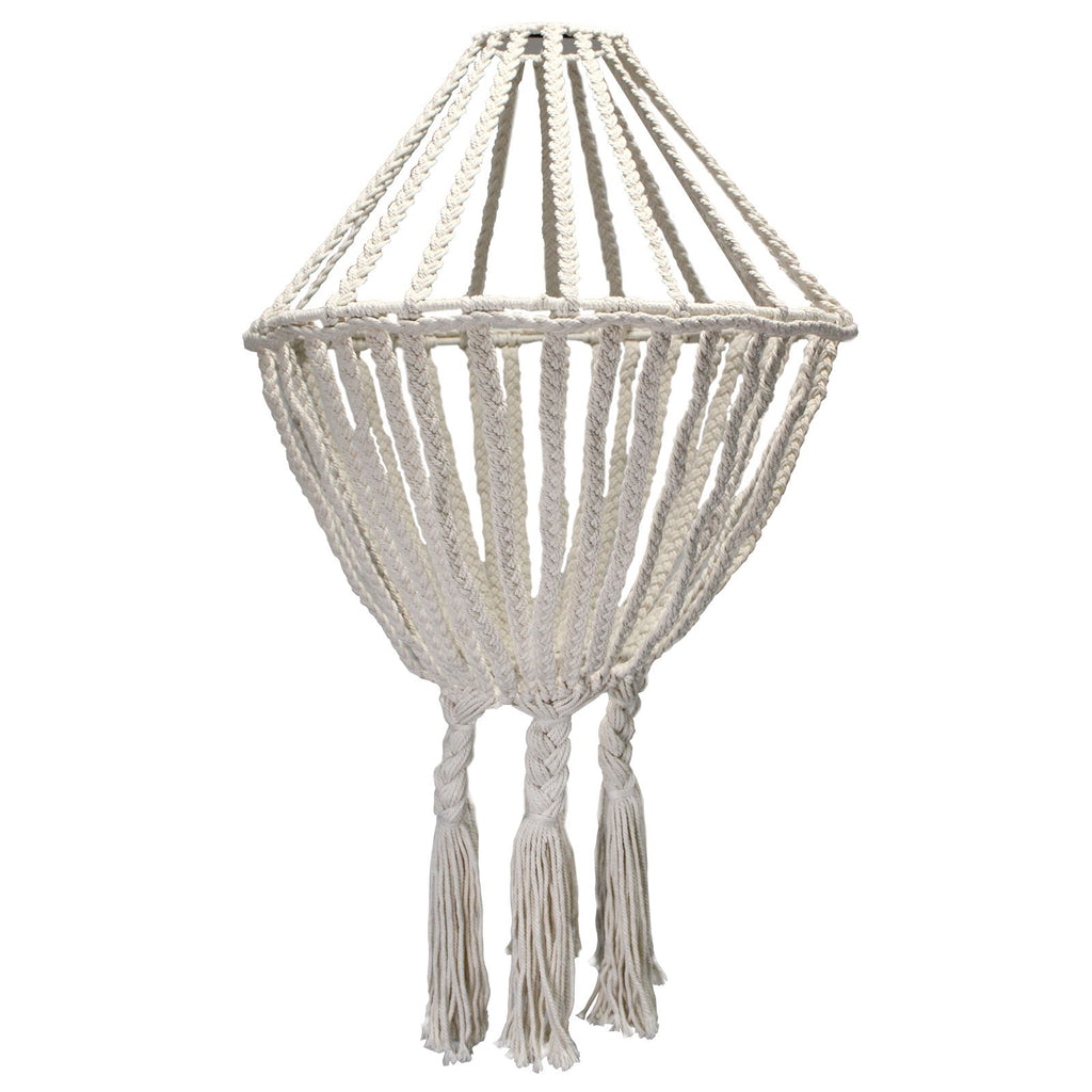 Macrame lampshade with tassels on a white background