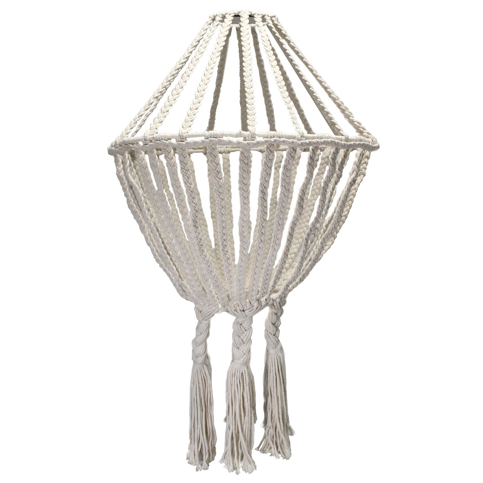 Macrame lampshade with tassels on a white background