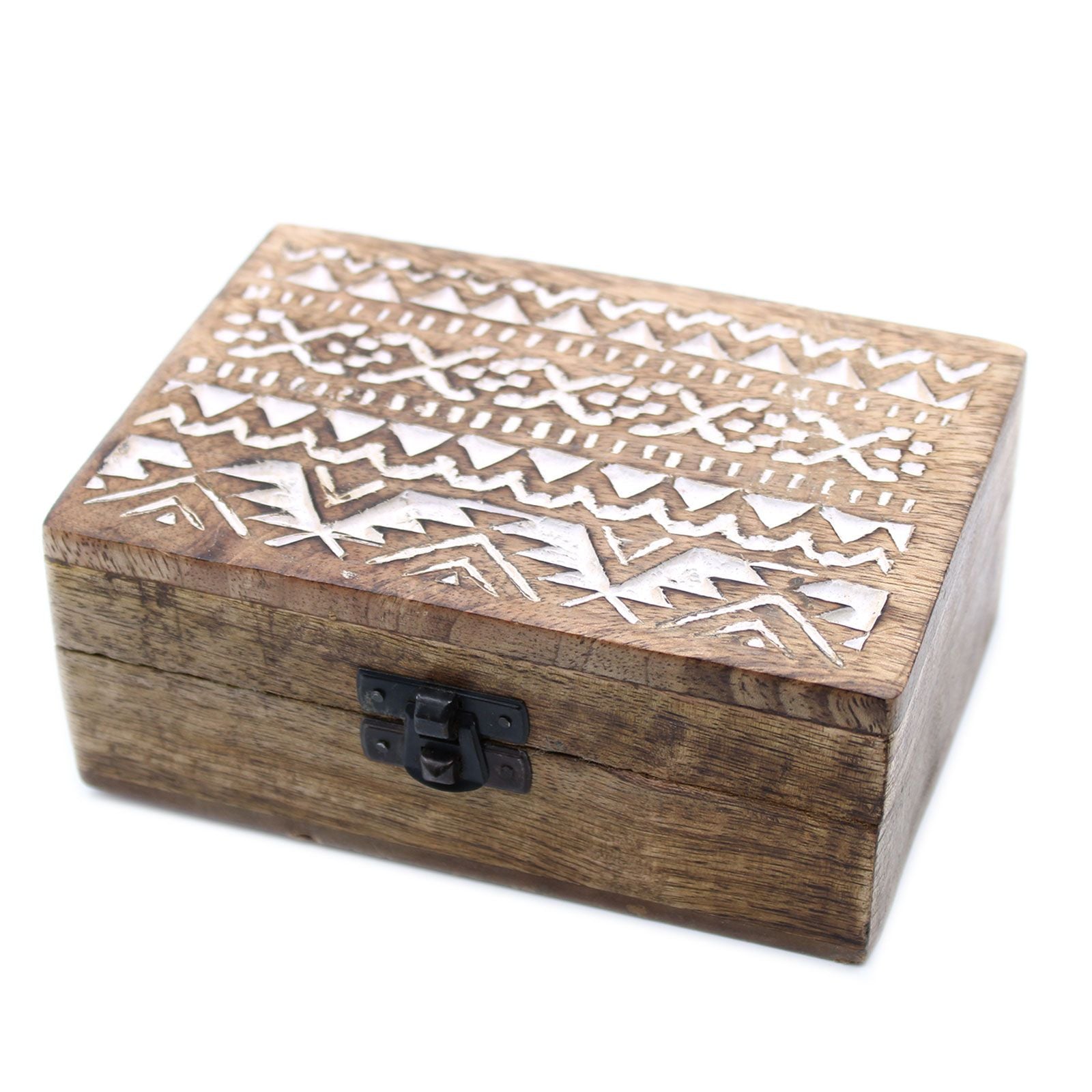 Wooden box with geometric patterns on a white background