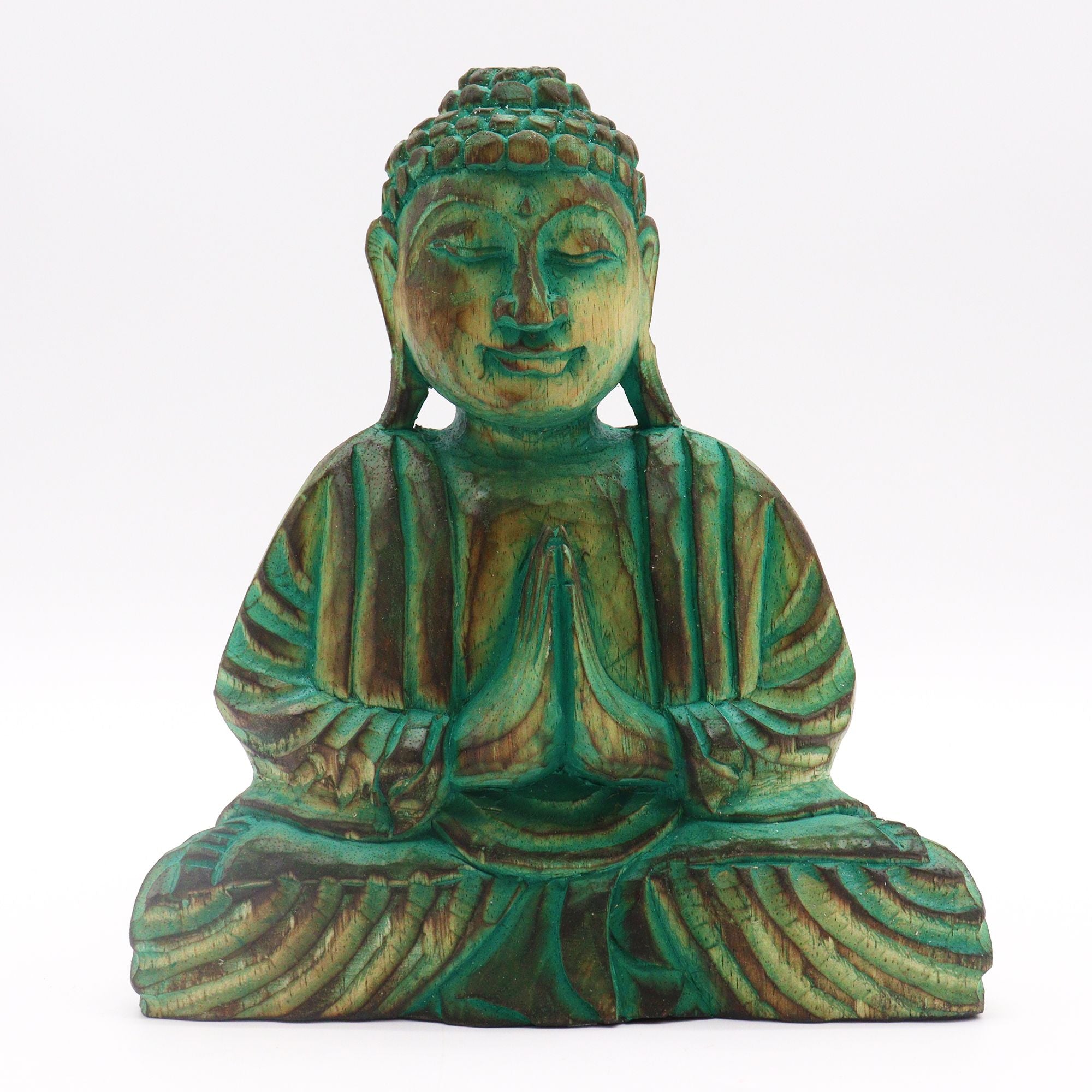 Green Buddha statue on a white background