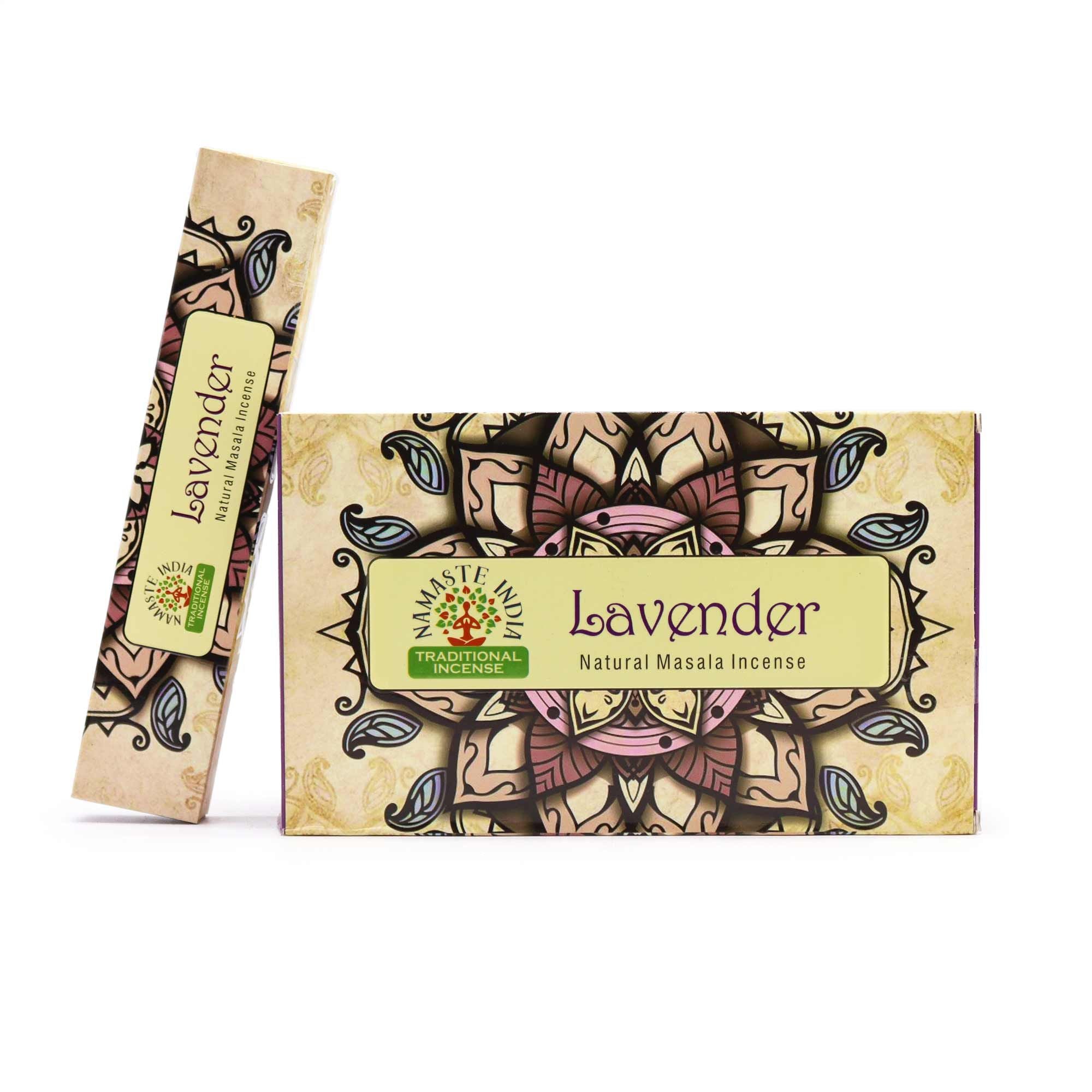 Lavender incense stick and packaging on a white background