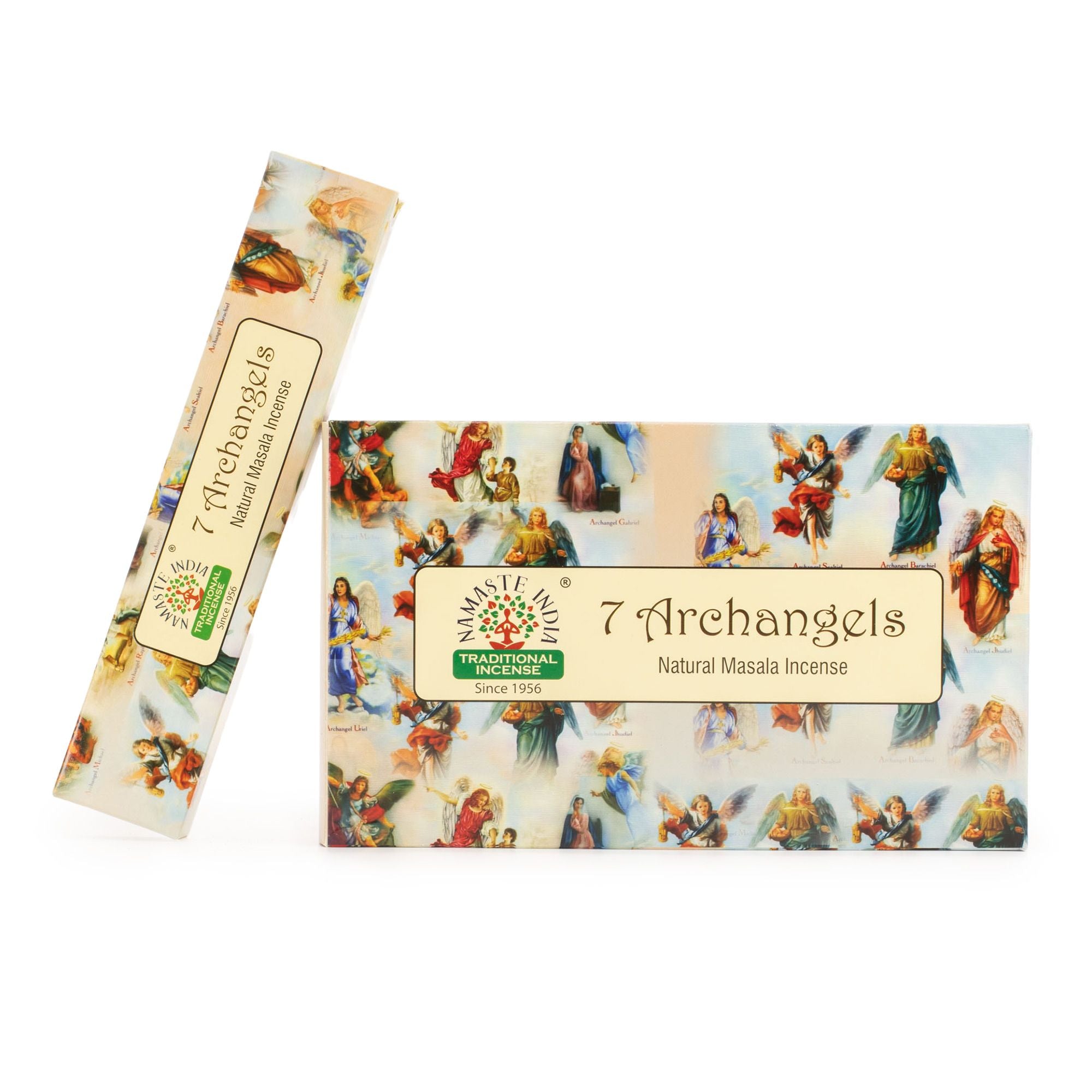7 Archangels incense sticks with packaging featuring angel illustrations on a white background