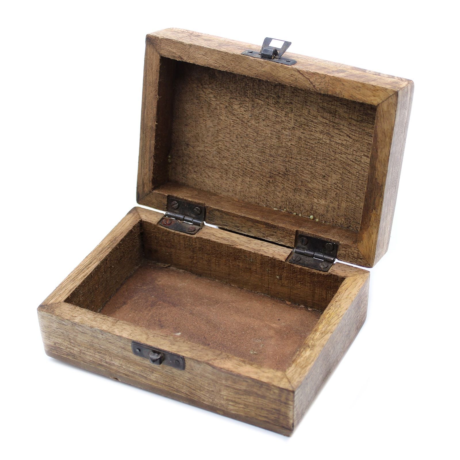 Wooden jewelry box with a lid on a white background