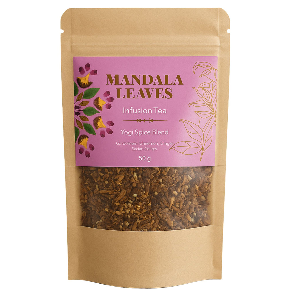 Mandala Leaves Yogi Spice Blend tea package on a white background