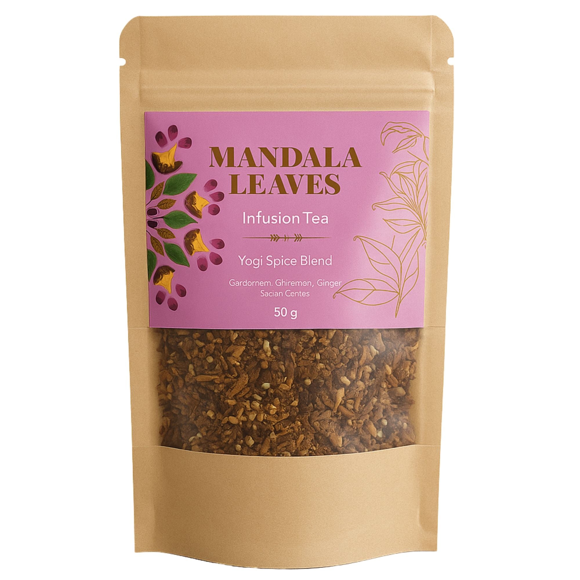 Mandala Leaves Yogi Spice Blend tea package on a white background