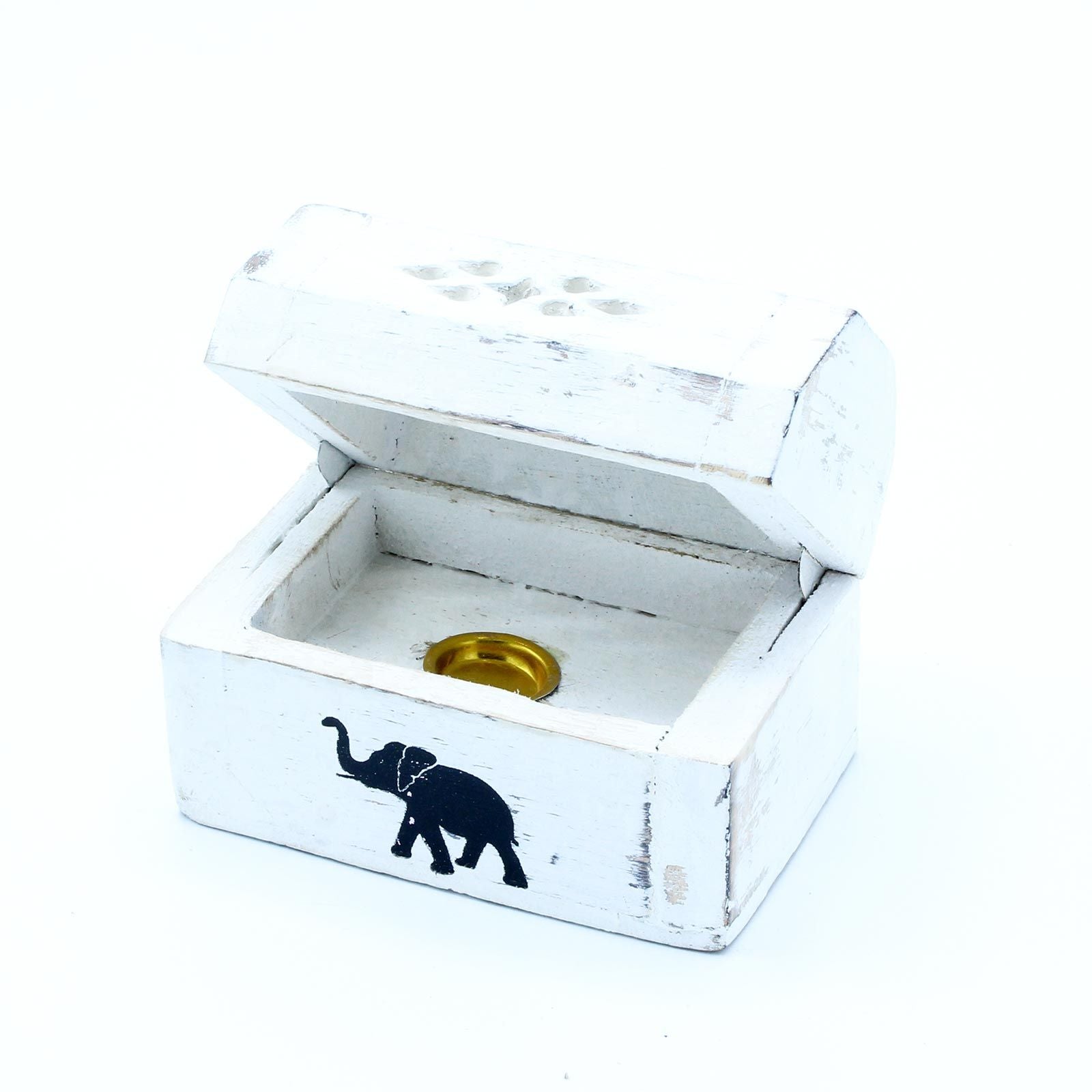 White wooden box with a black elephant design and gold interior on a white background