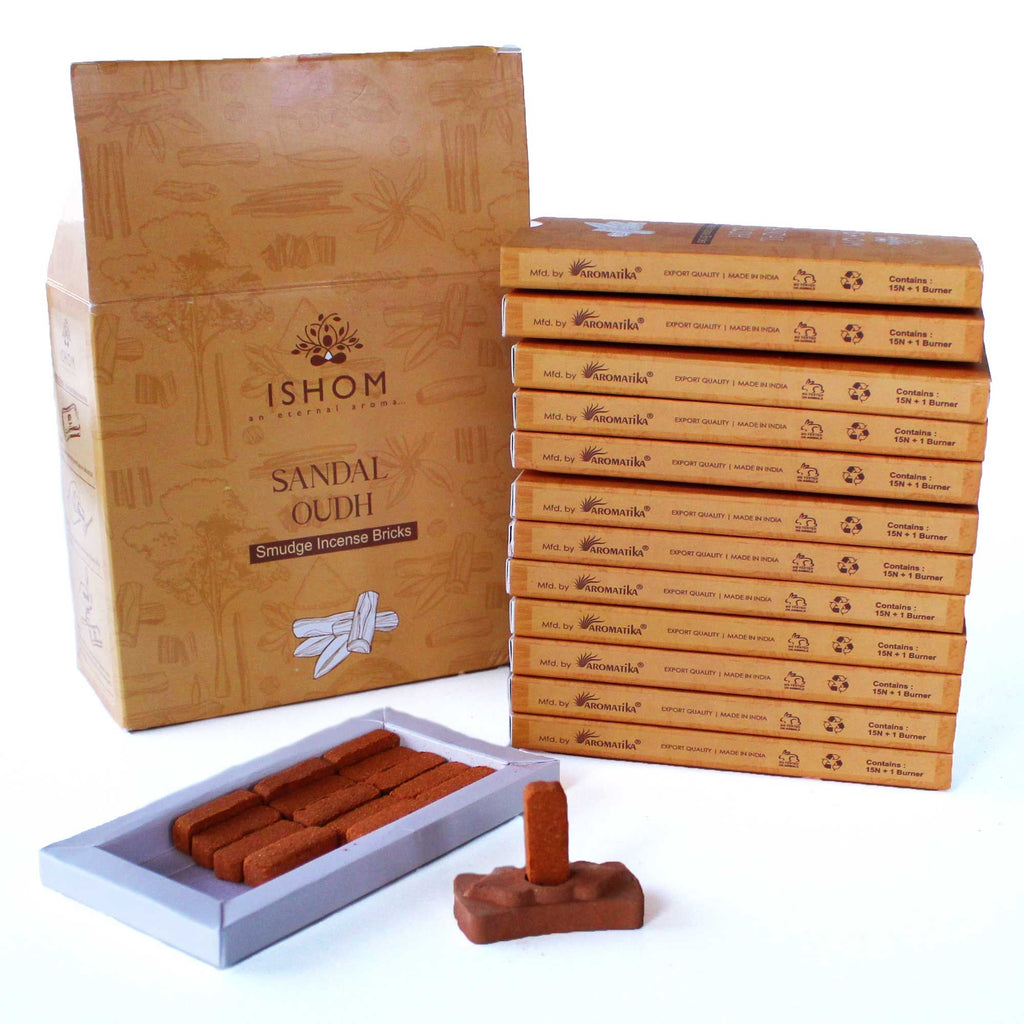 Ishom Sandal Oudh incense packaging with incense sticks on a white background