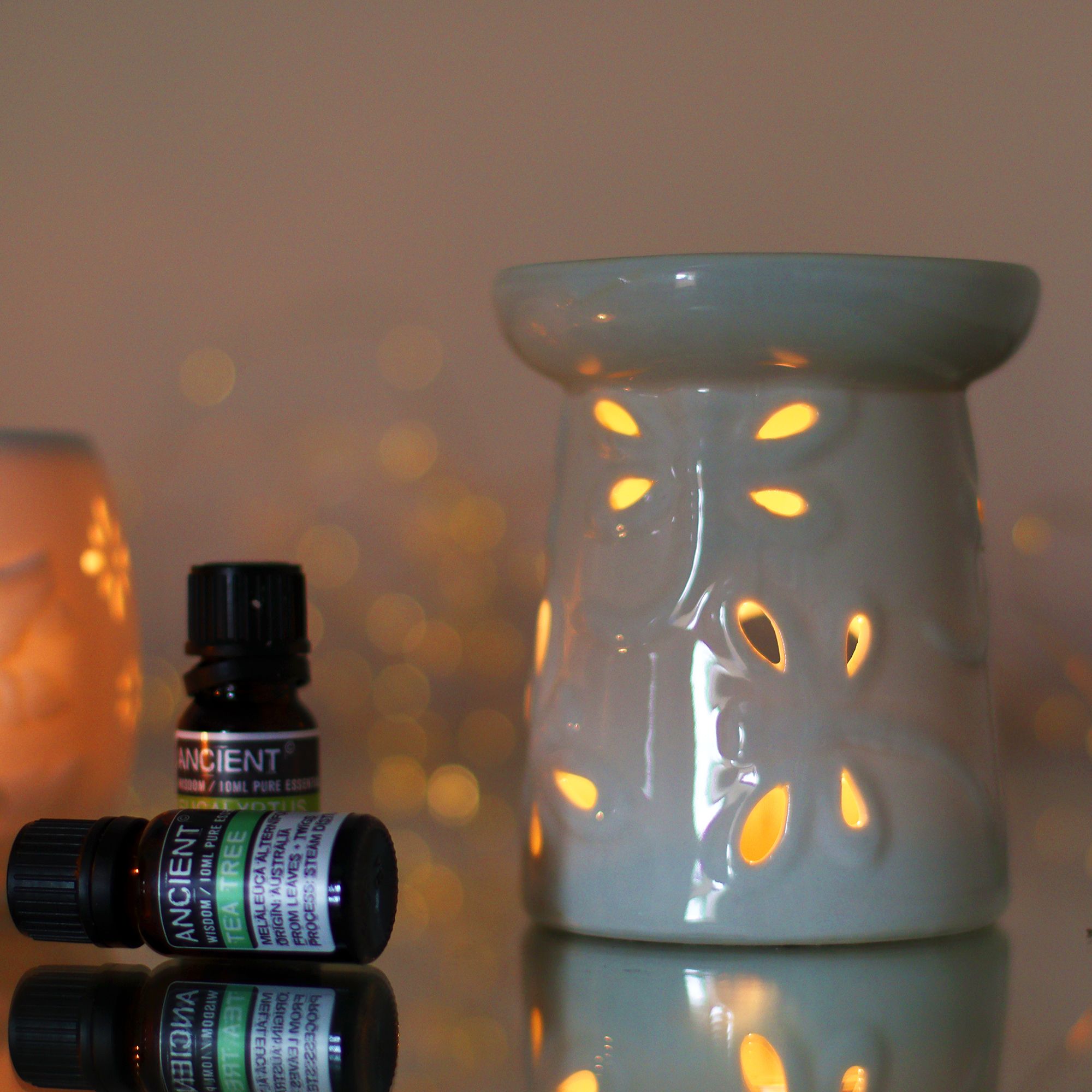 Aromatherapy diffuser with essential oil bottles on a reflective surface with a blurred background