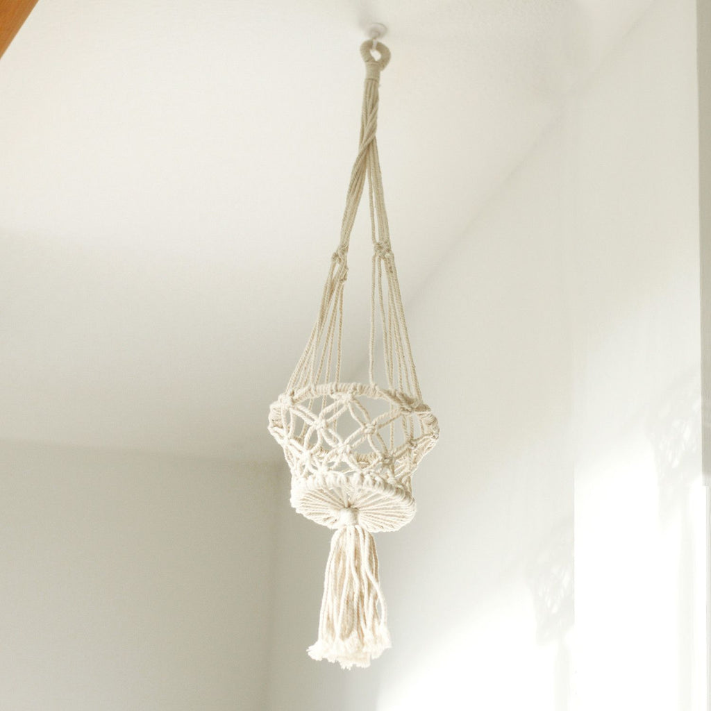 Macrame plant hanger hanging against a plain wall