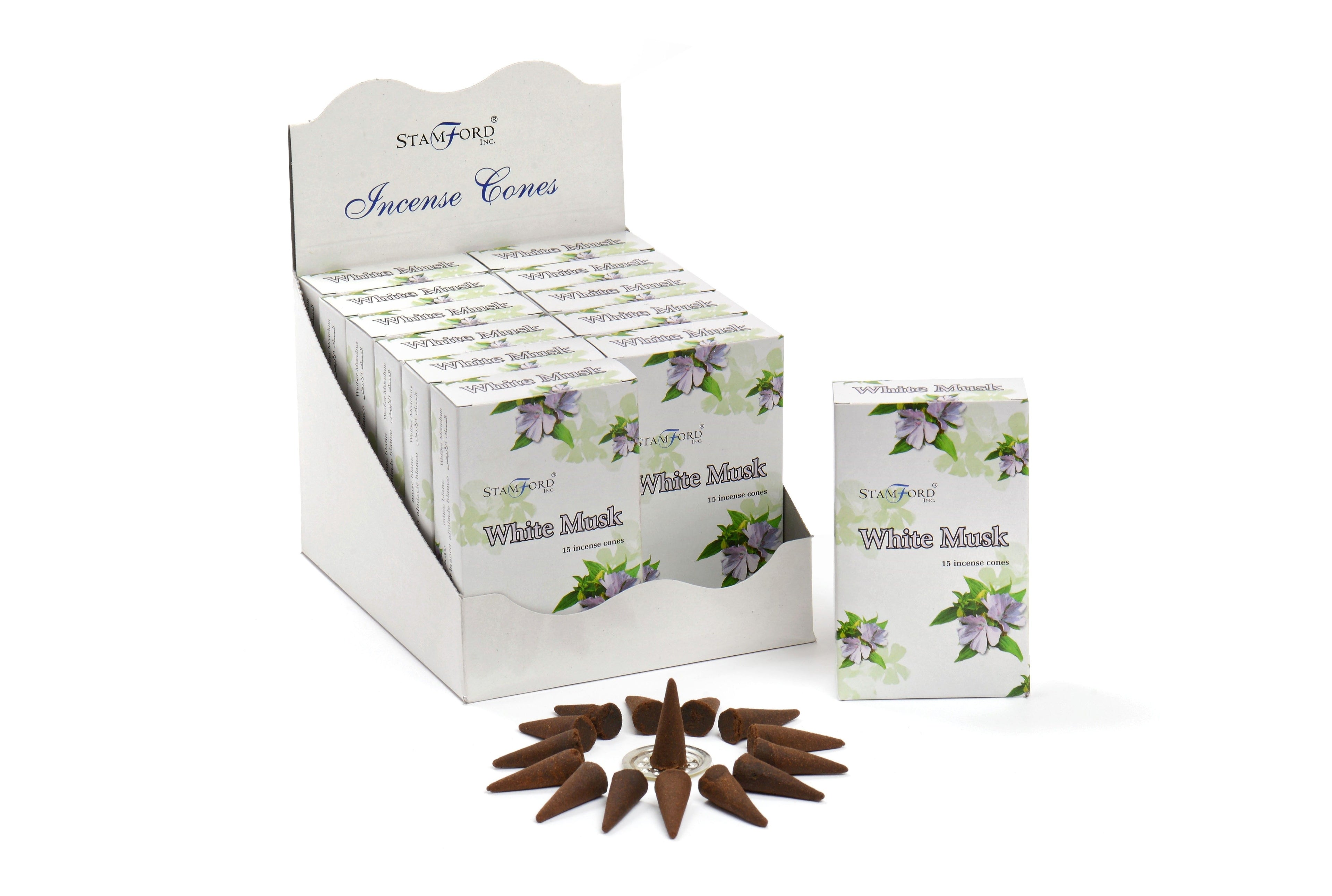 Display of Stamford Incense Cones with packaging on a white background