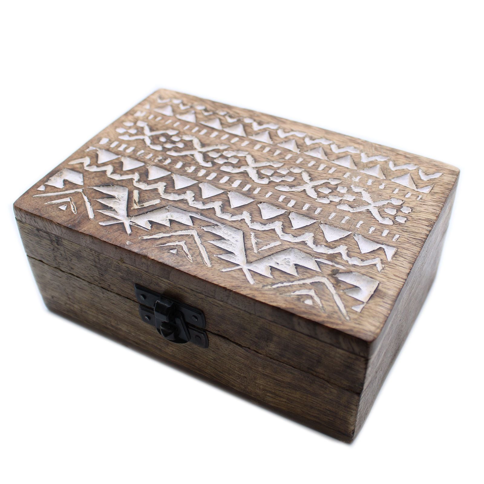 Wooden box with white geometric patterns on a white background