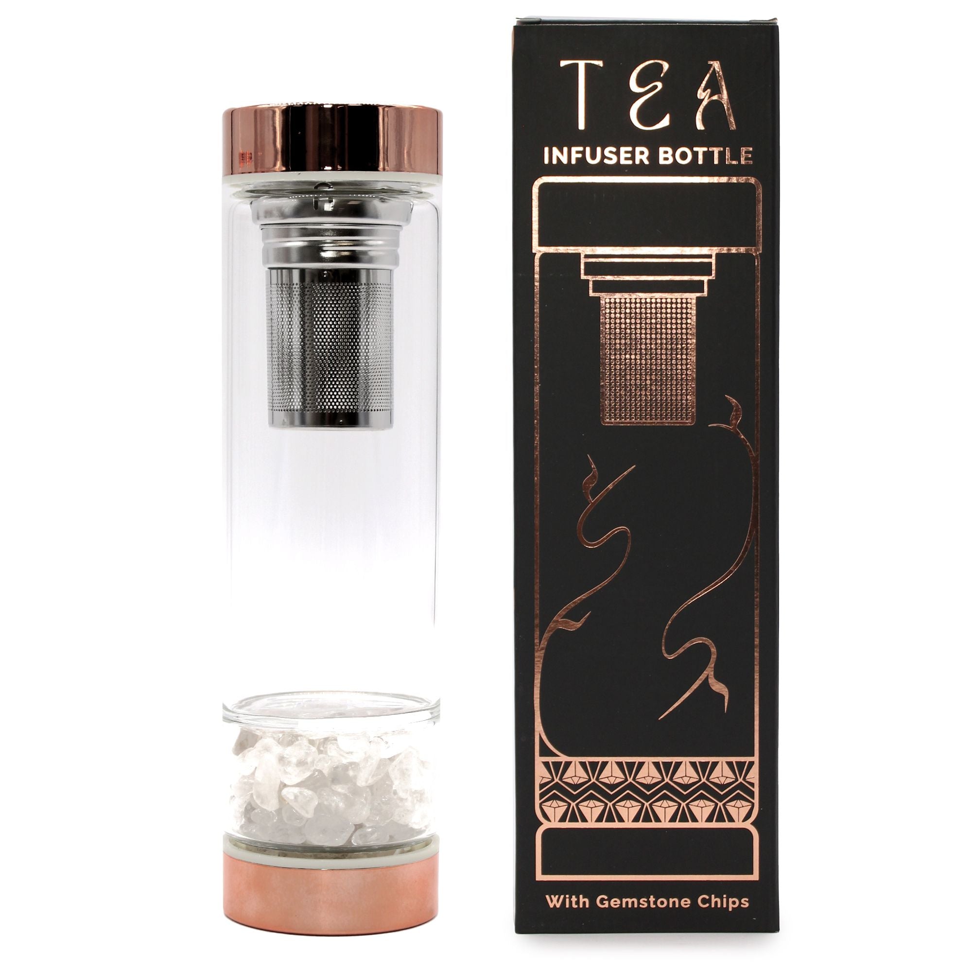 Clear tea infuser bottle with copper accents and packaging on a white background