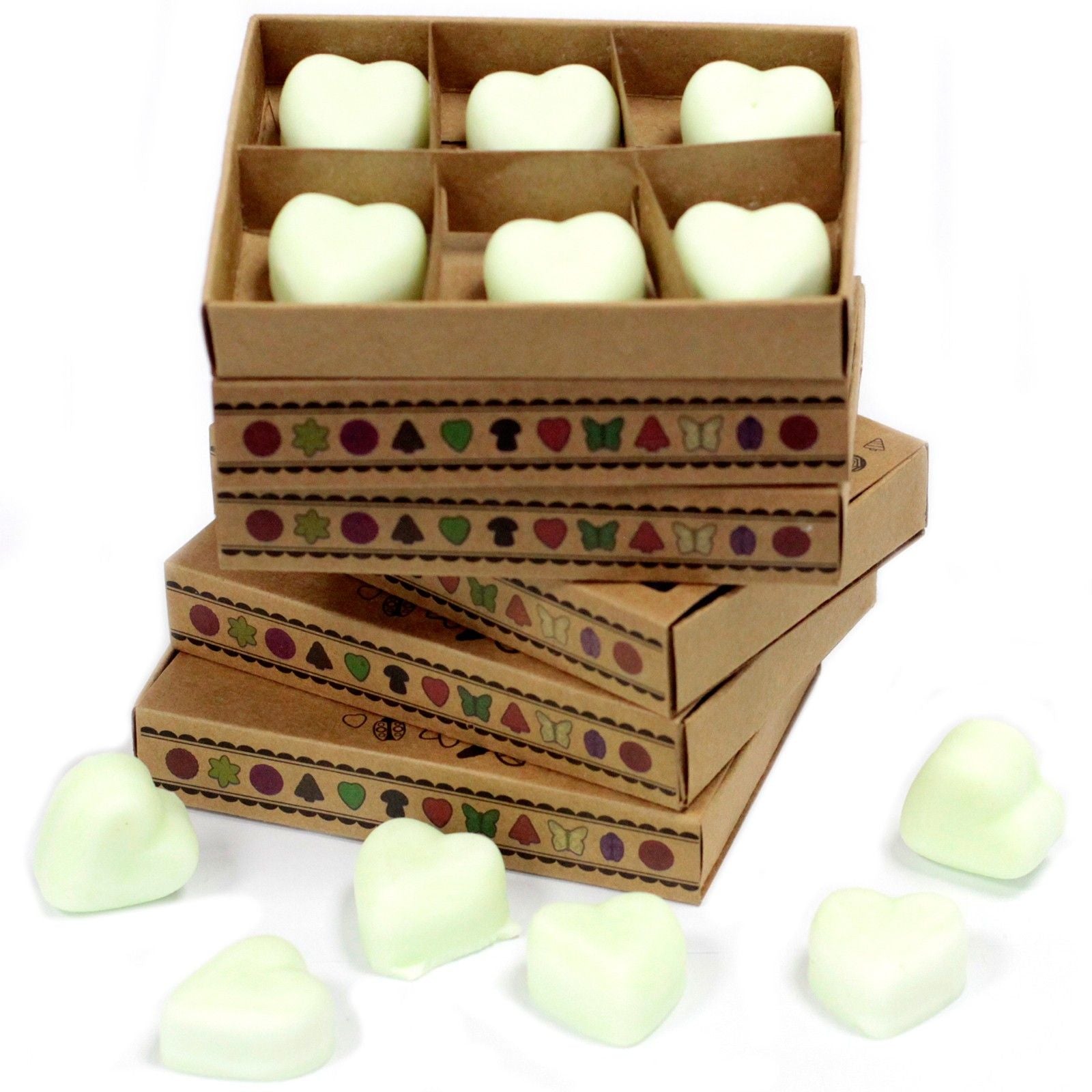 Stack of cardboard boxes with heart-shaped objects and additional heart-shaped objects on a white background