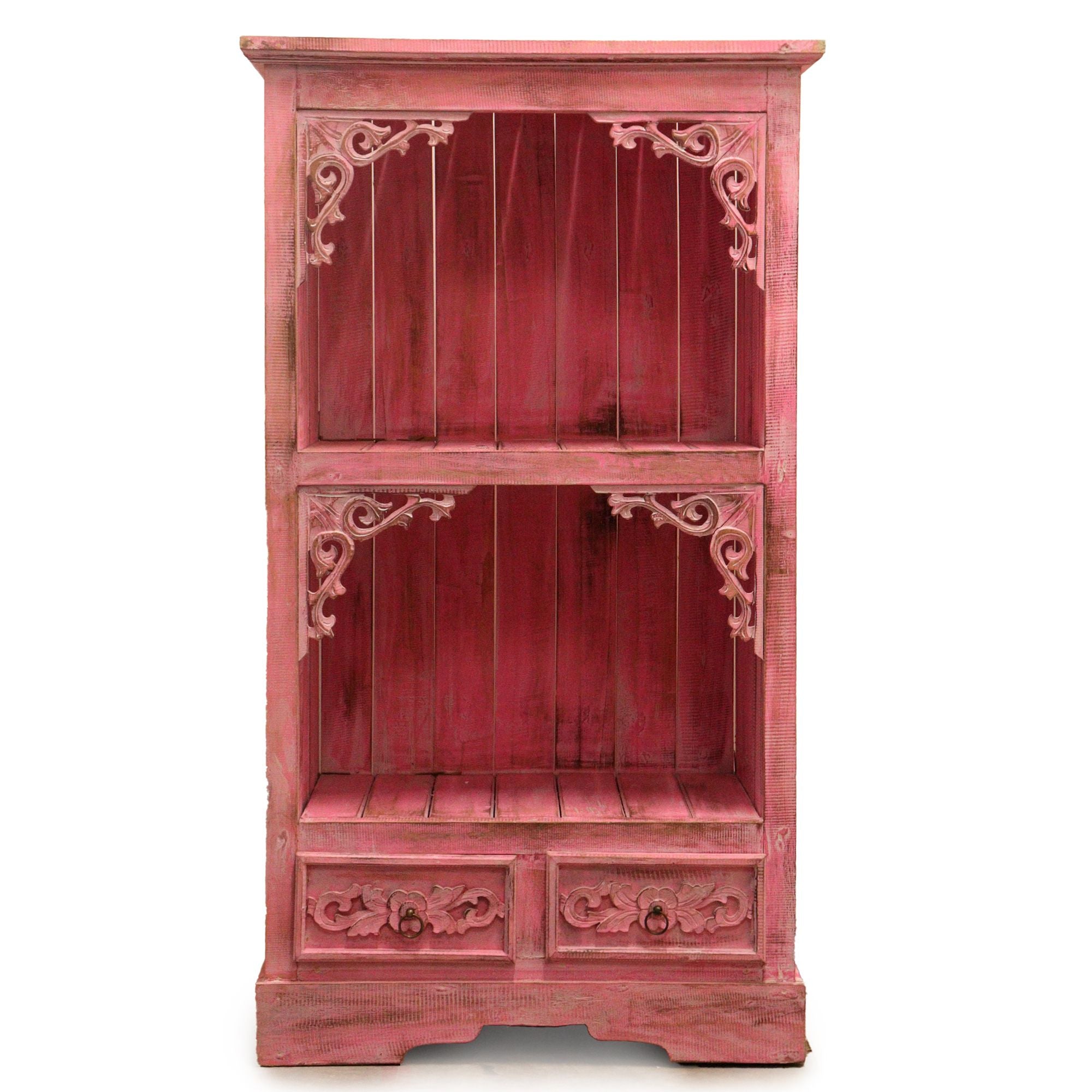 Red wooden cabinet with intricate carvings on a white background