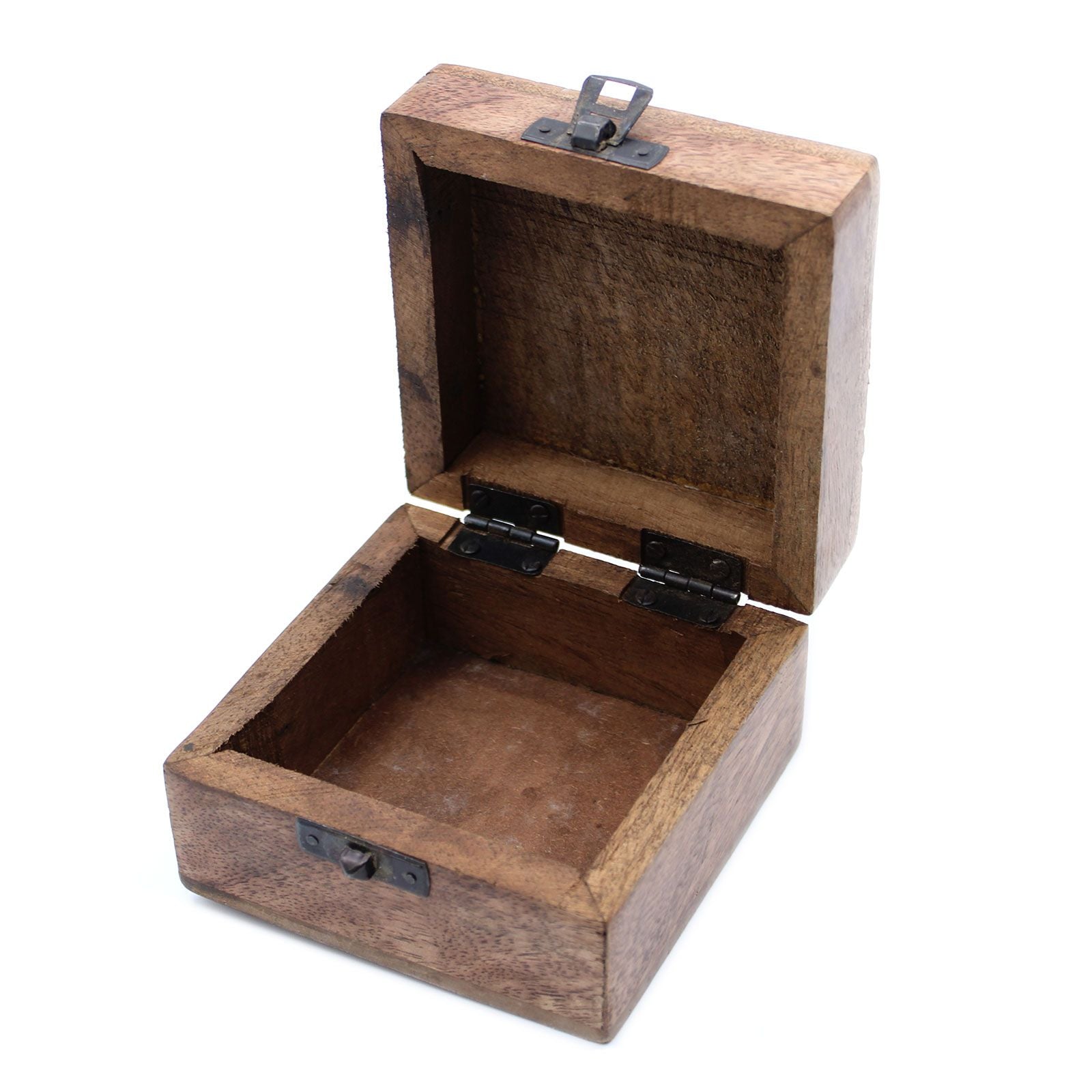 Wooden jewelry box with metal clasp on a white background