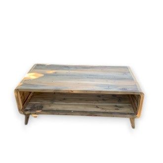 Wooden coffee table made from recycled materials on a white background