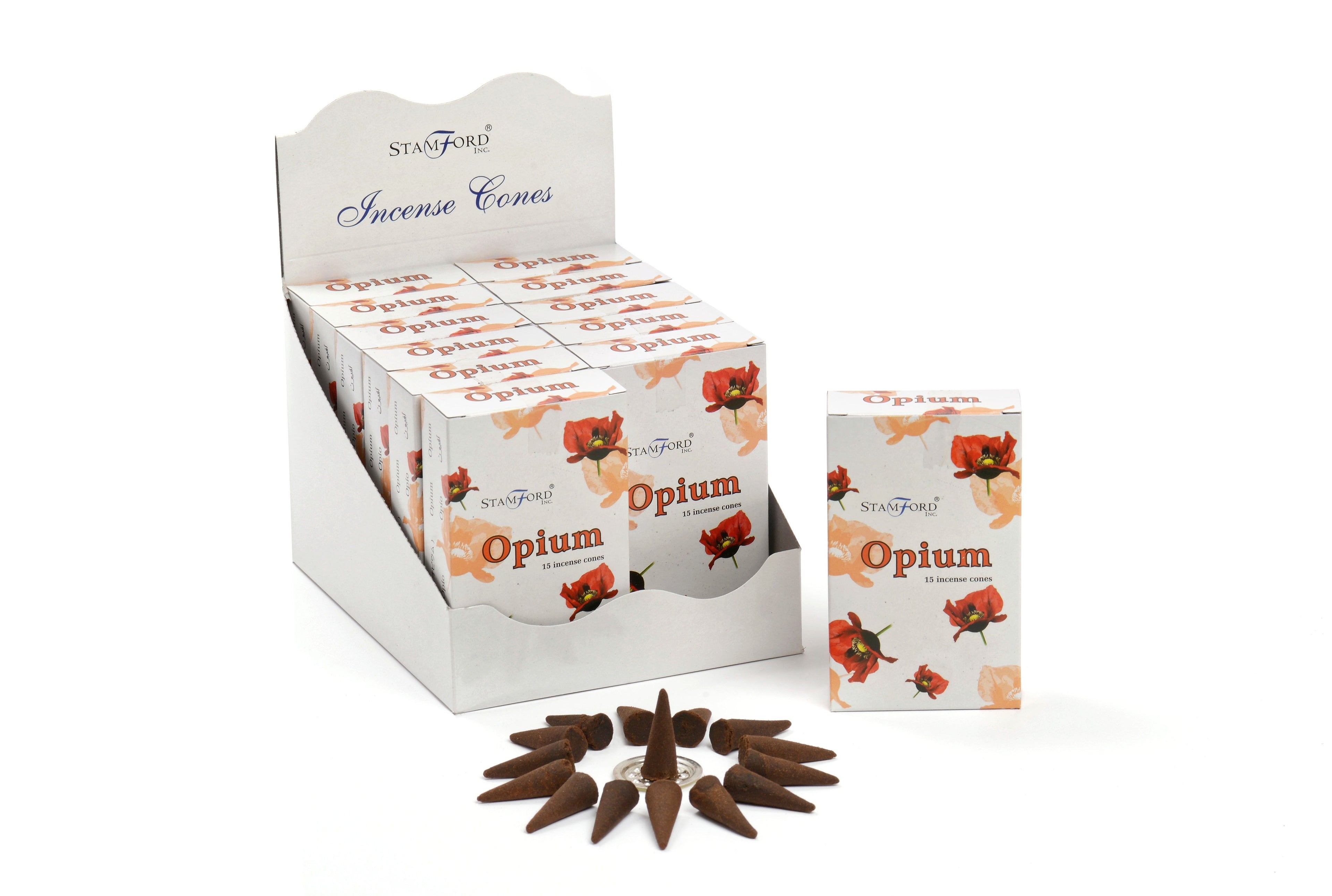 Opium incense cones packaging with cones displayed in front on a white background