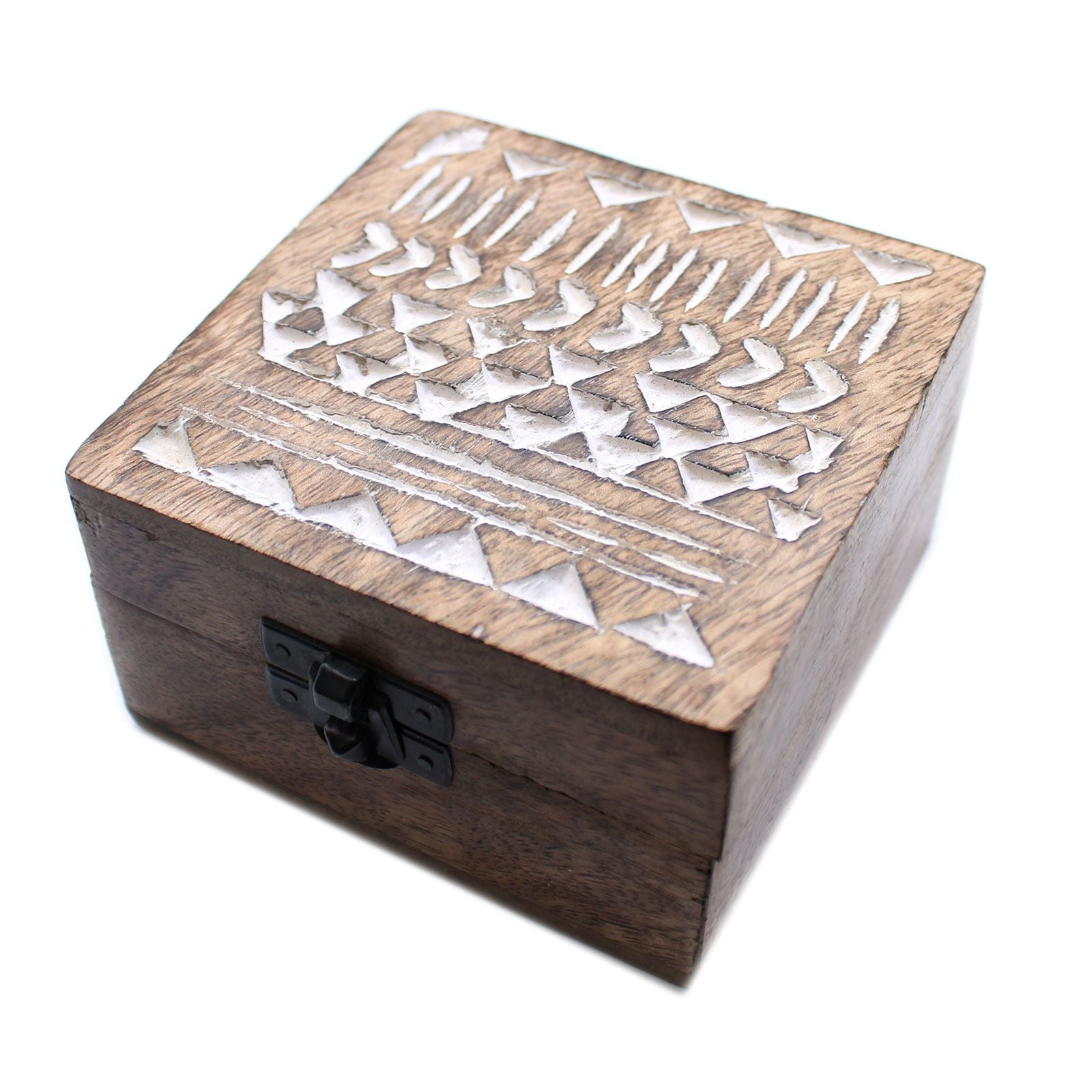Wooden box with geometric cut-out design on a white background