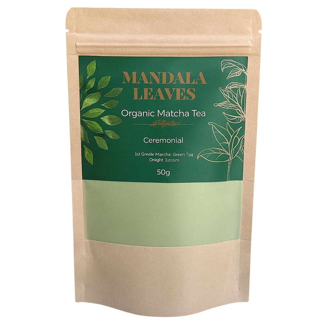 Mandala Leaves Organic Matcha Tea package on a white background