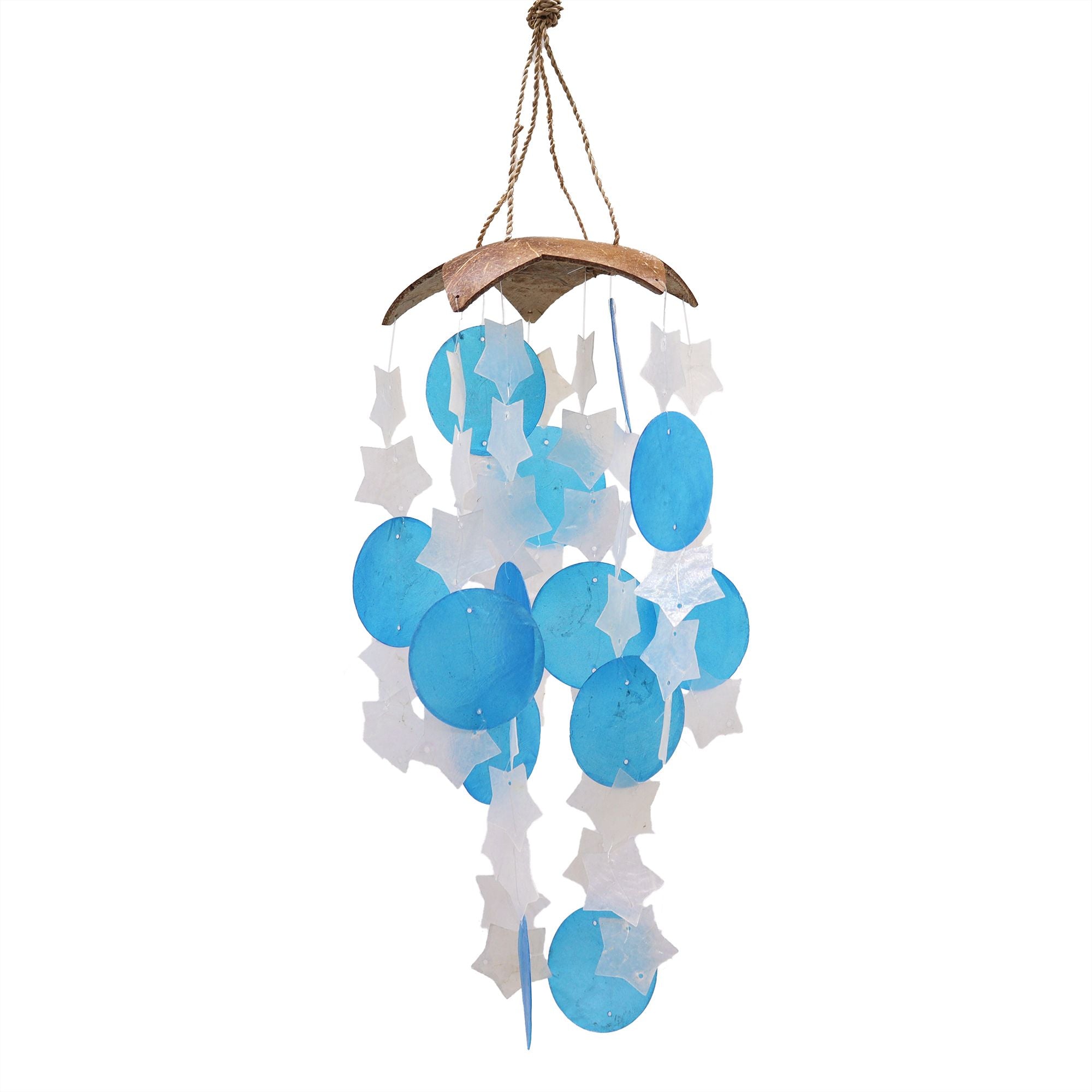Decorative hanging mobile with blue and white elements on a white background