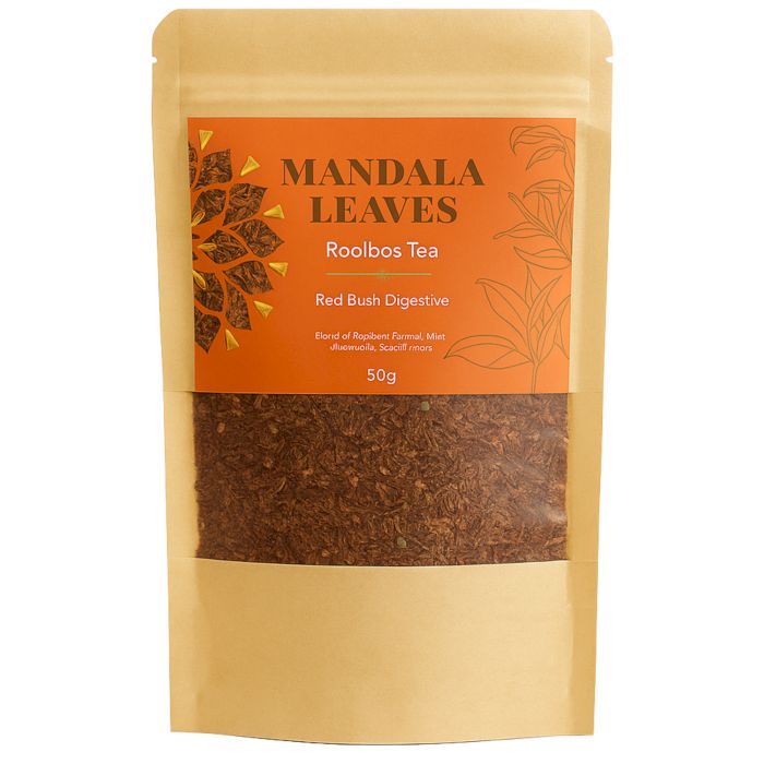 Tea package with 'Mandala Leaves' branding on an orange label