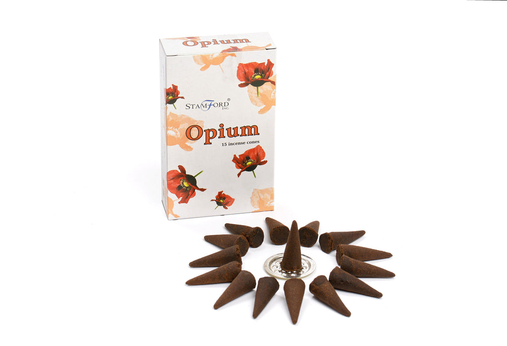 Opium incense cones with packaging on a white background