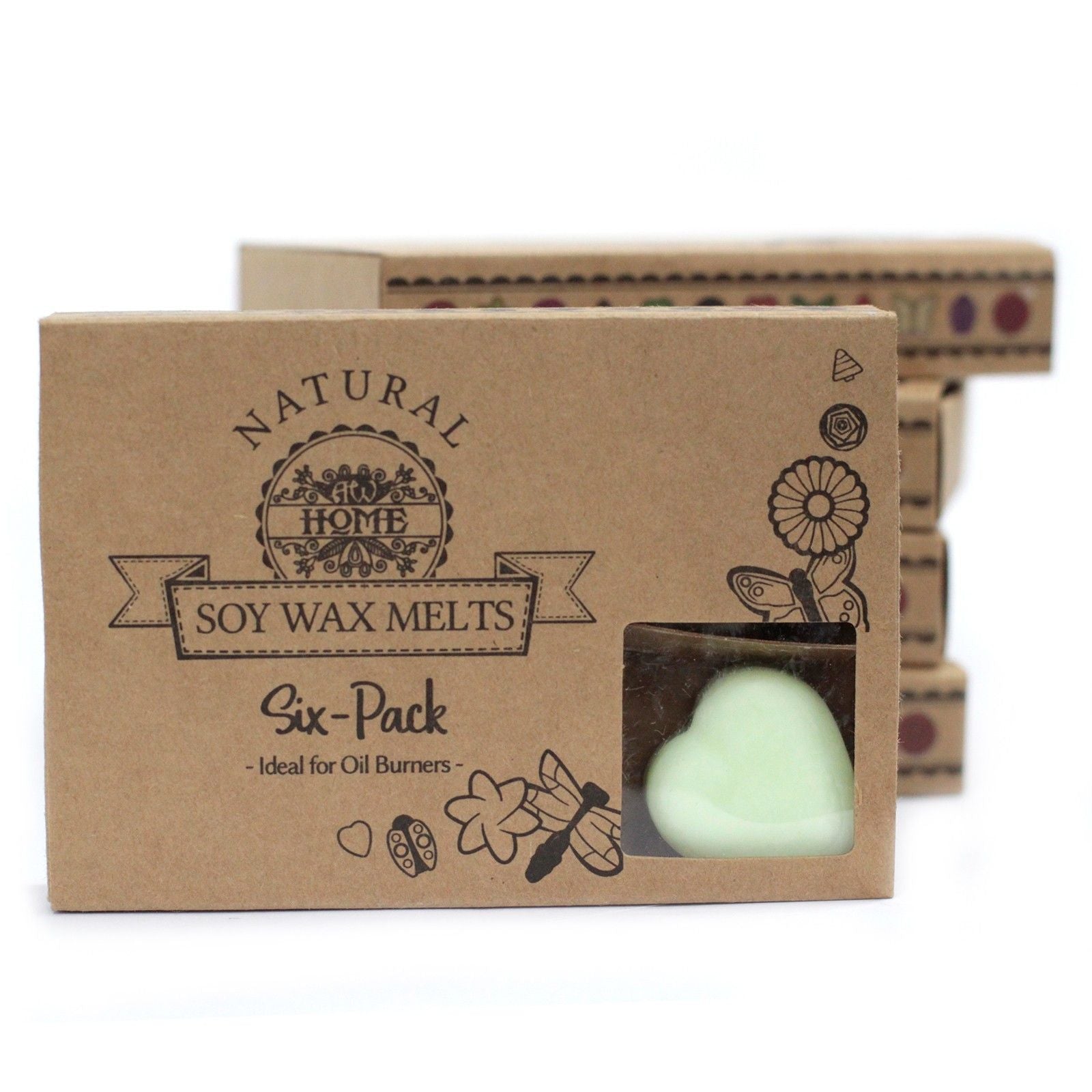 Box of Natural Home Soy Wax Melts with a single melt visible, on a white background