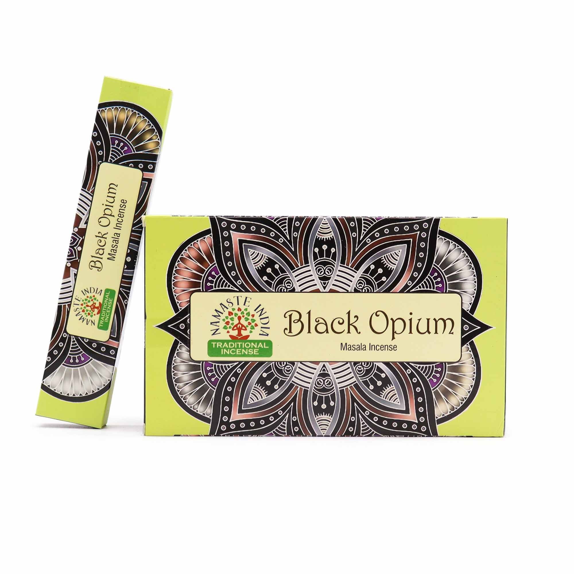 Box and stick of Black Opium masala incense on a white background