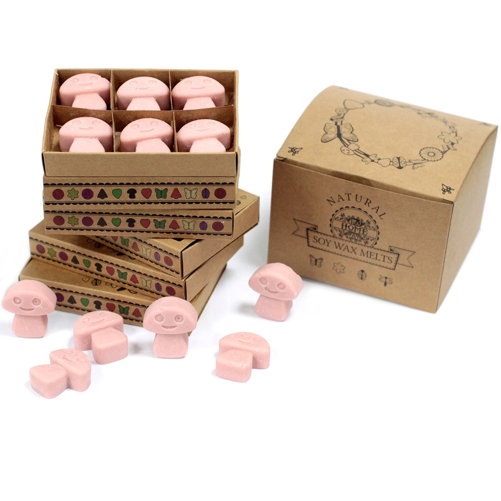 Pink mushroom-shaped wax melts with cardboard packaging on a white background