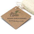 Brown tag with 'All Earth Natural Bath Accessories' text and a logo on a white background.