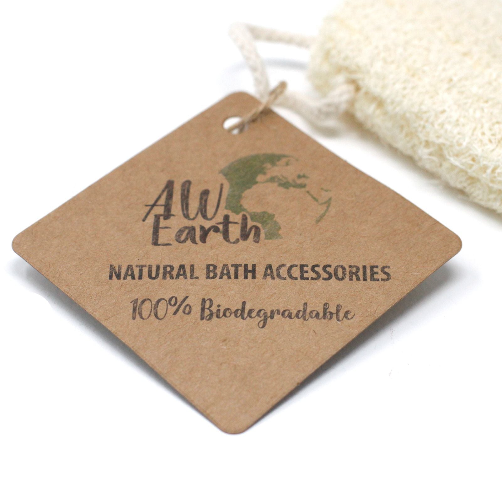 Brown tag with 'All Earth Natural Bath Accessories' text and a logo on a white background.
