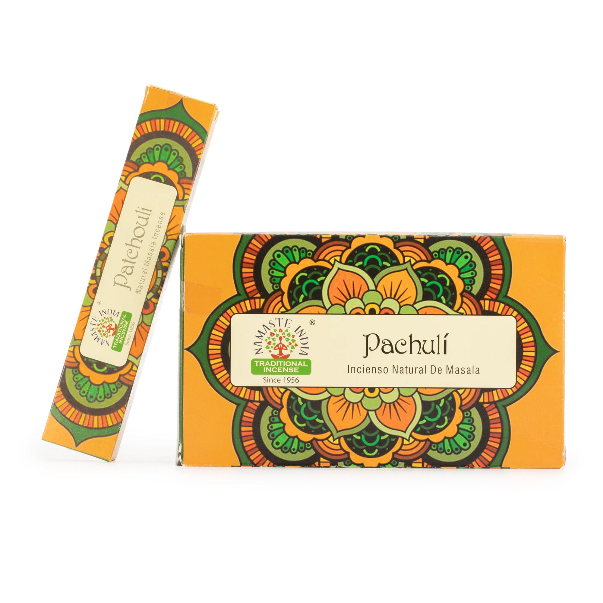 Pachuli incense sticks with decorative packaging on a white background