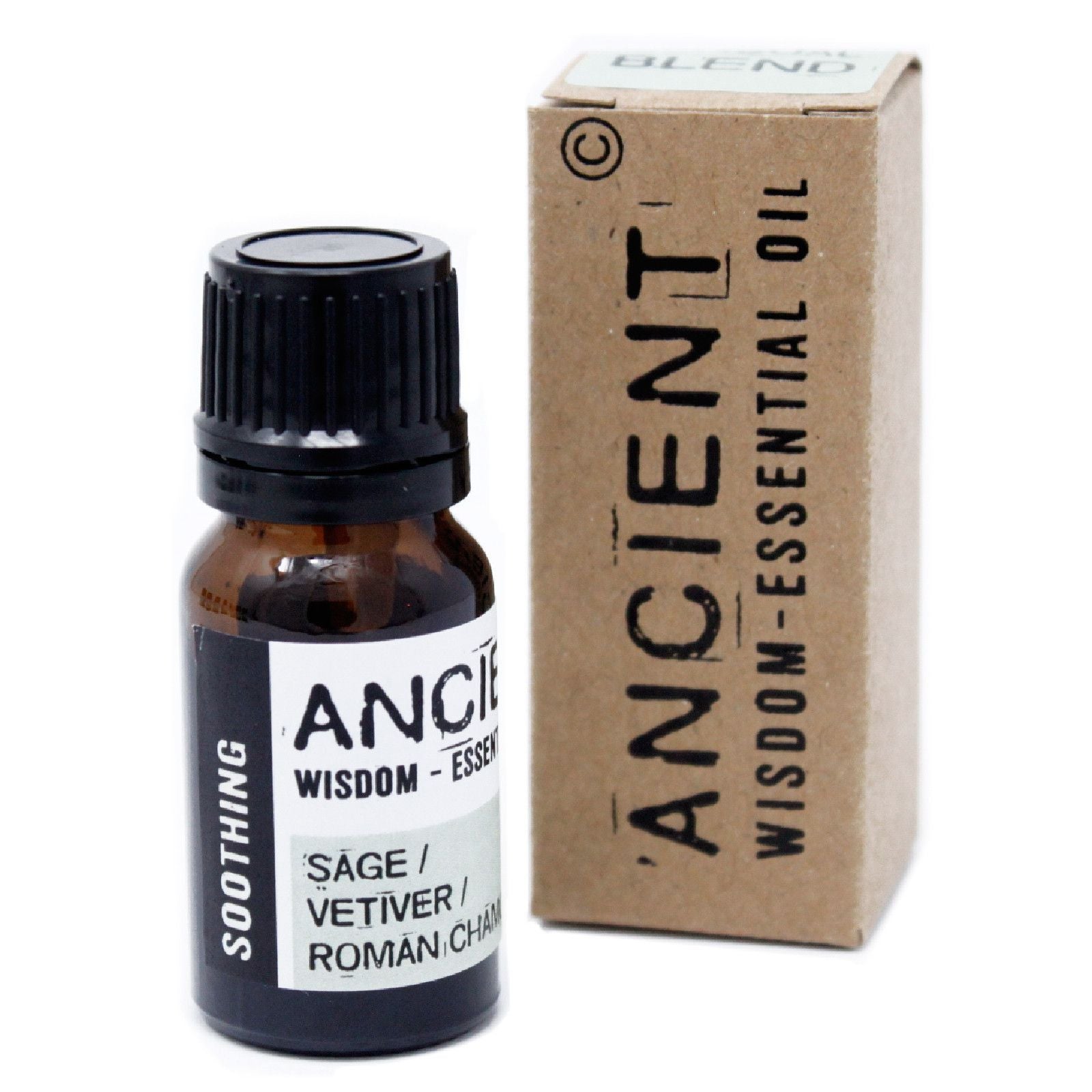 Bottle and box of 'Ancient Wisdom' essential oil blend on a white background