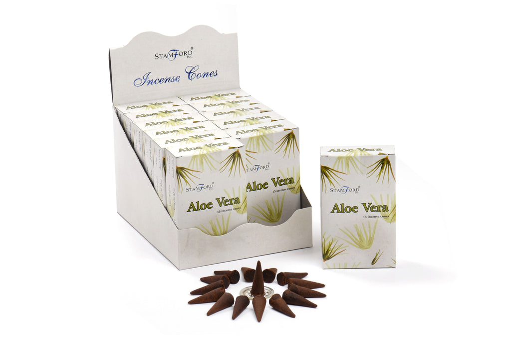 Box of Stamford Aloe Vera incense cones on a white background