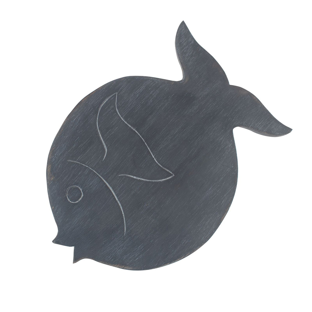 Decorative fish-shaped cutting board with a white background