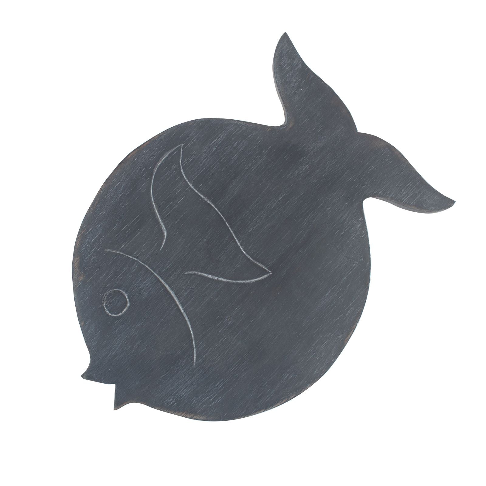 Decorative fish-shaped cutting board with a white background