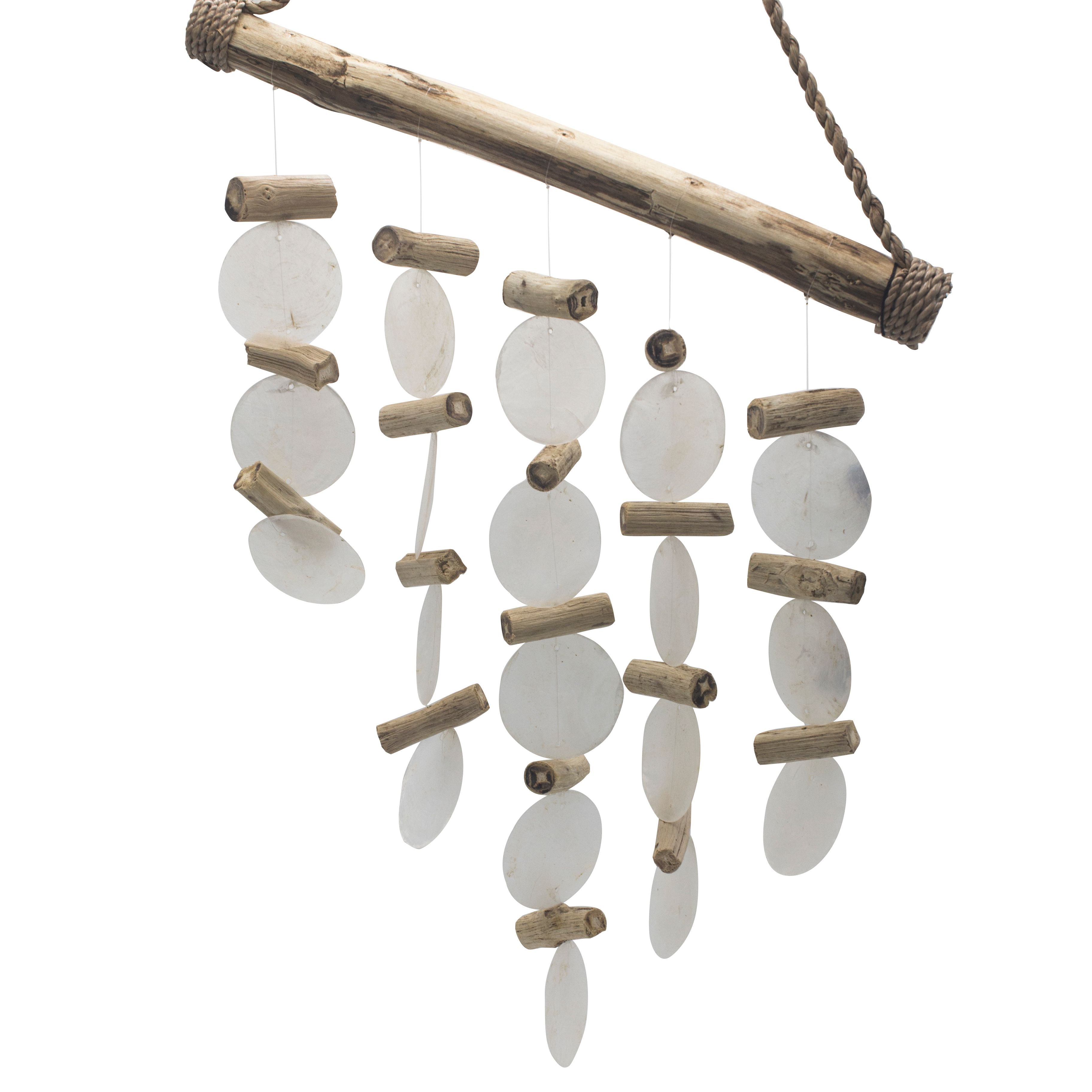 Decorative hanging with white oval stones and wooden sticks on a white background