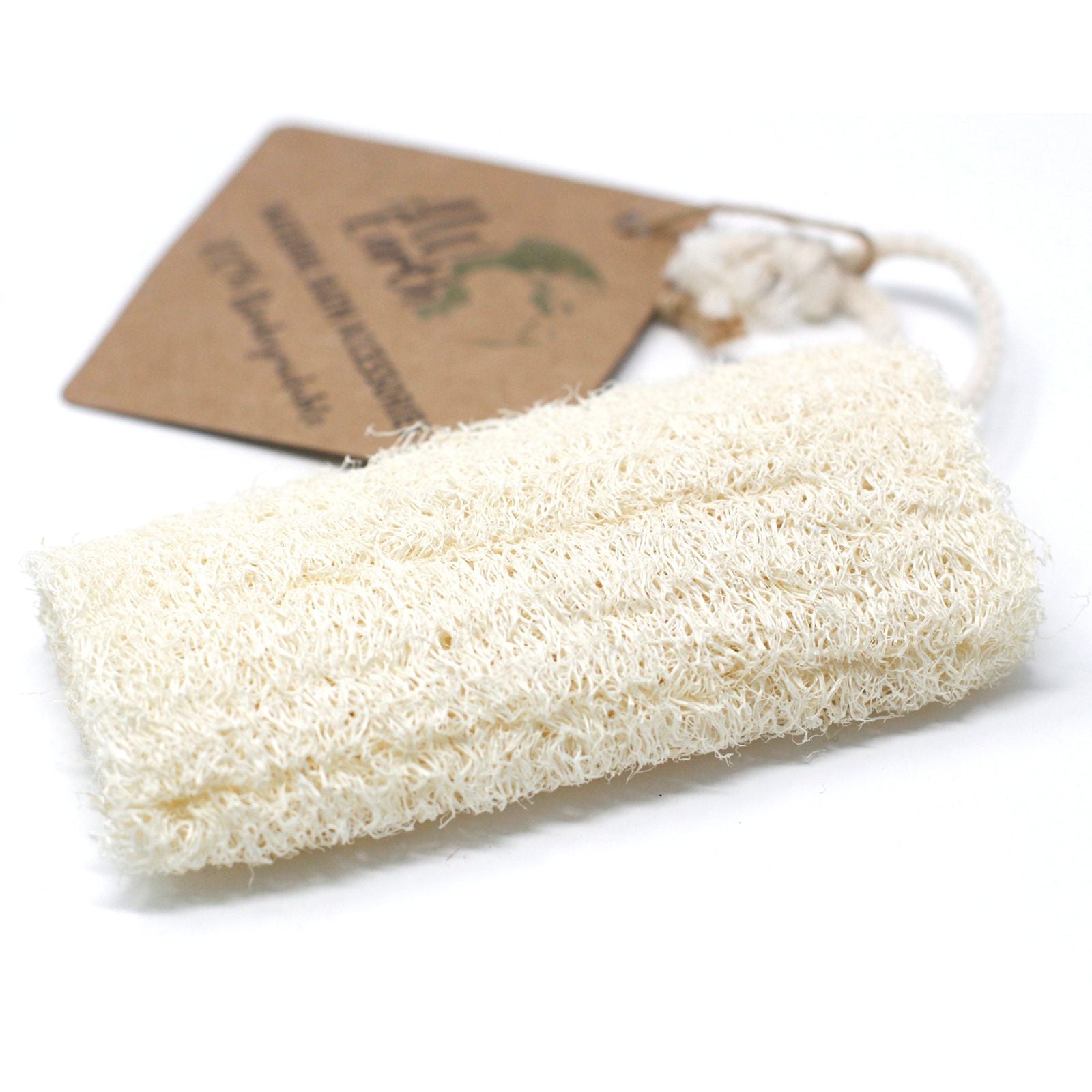 Natural loofah sponge with a hanging loop on a white background