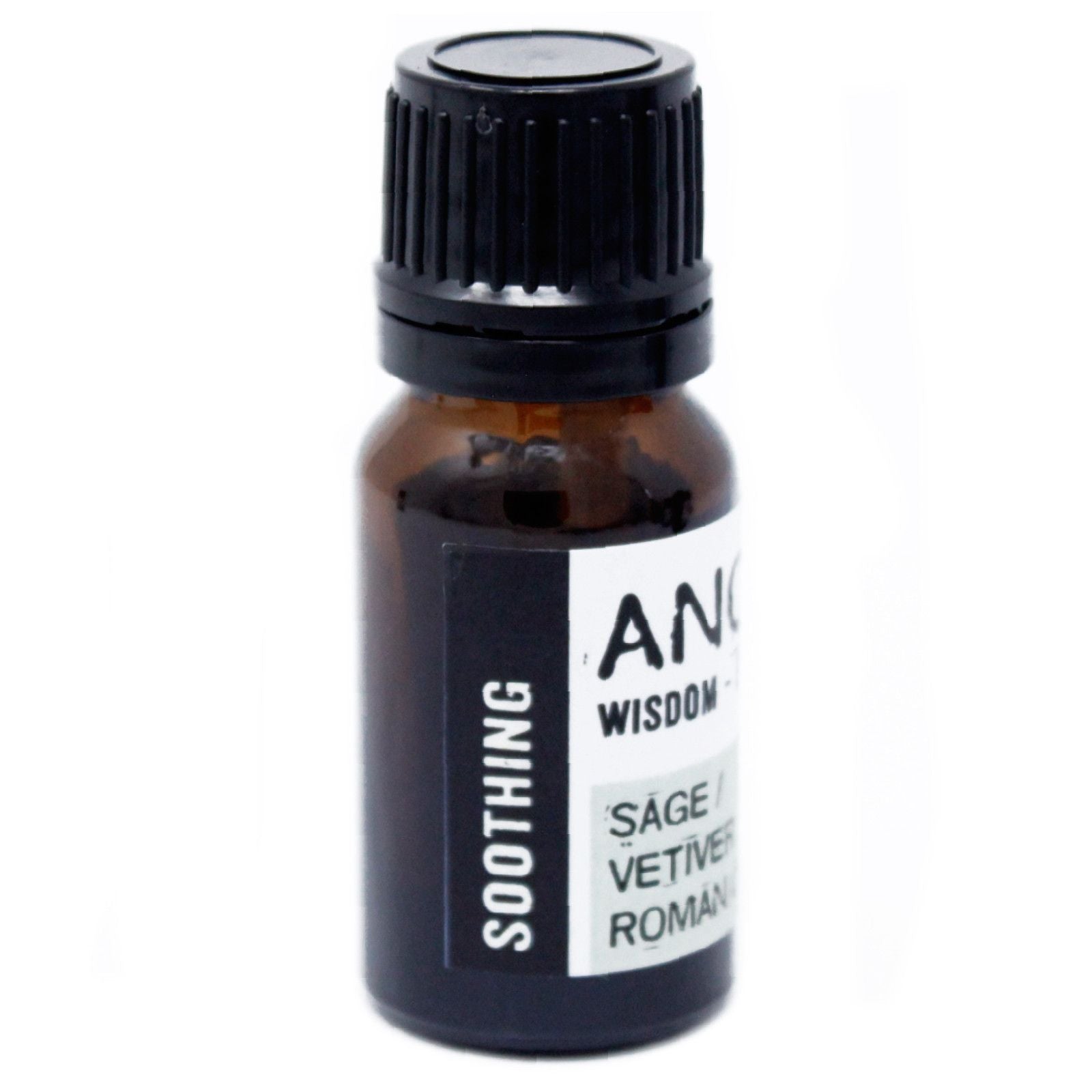 Small amber glass bottle with a black cap on a white background
