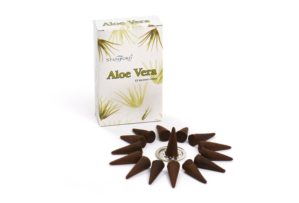 Aloe Vera incense cones with Stamford Aloe Vera packaging on a white background