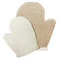 Pair of beige and white mittens on a white background