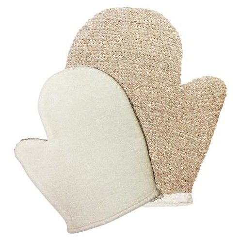 Pair of beige and white mittens on a white background