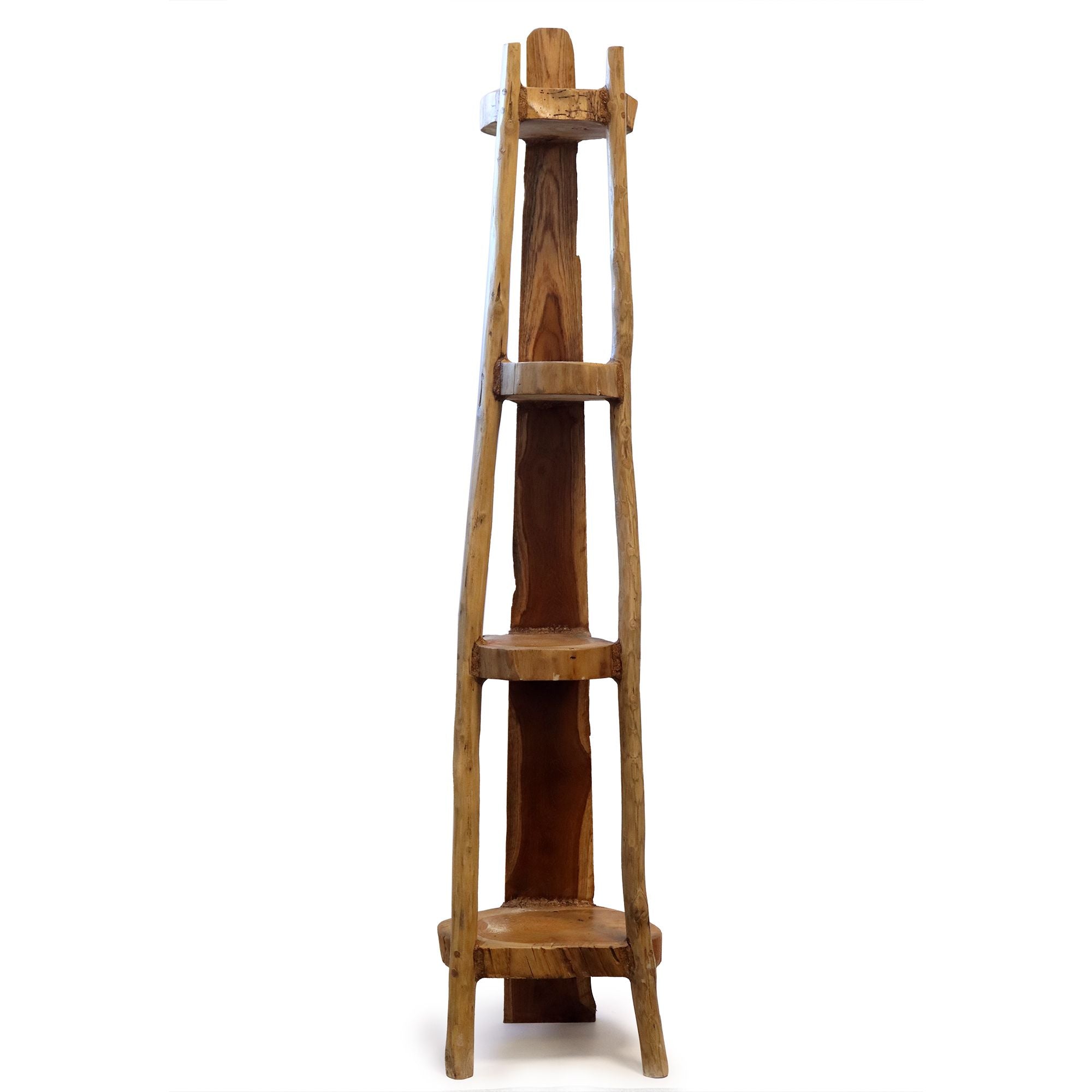 Wooden corner shelf with multiple shelves on a white background