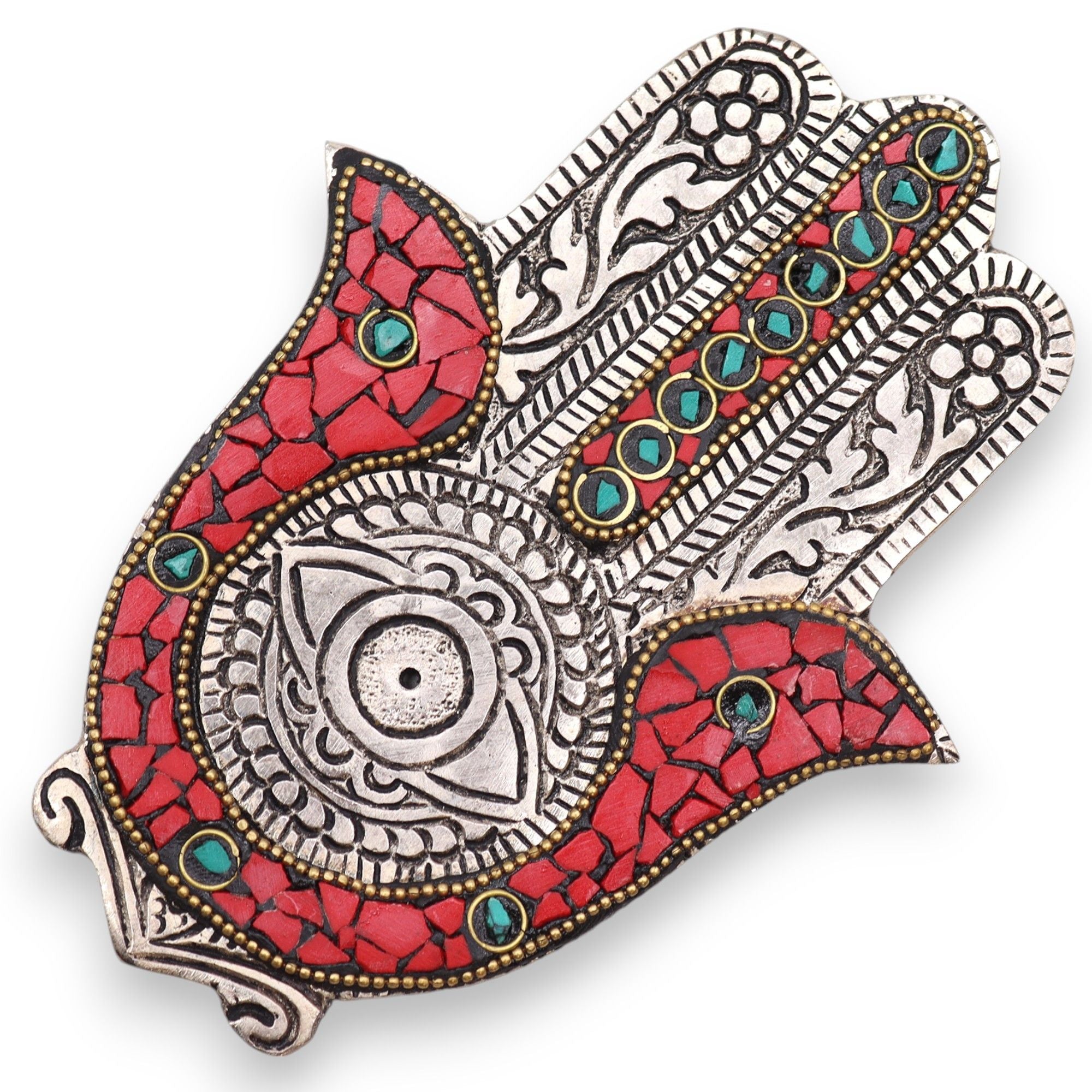Decorative wall art piece with red, silver, and turquoise patterns on a white background
