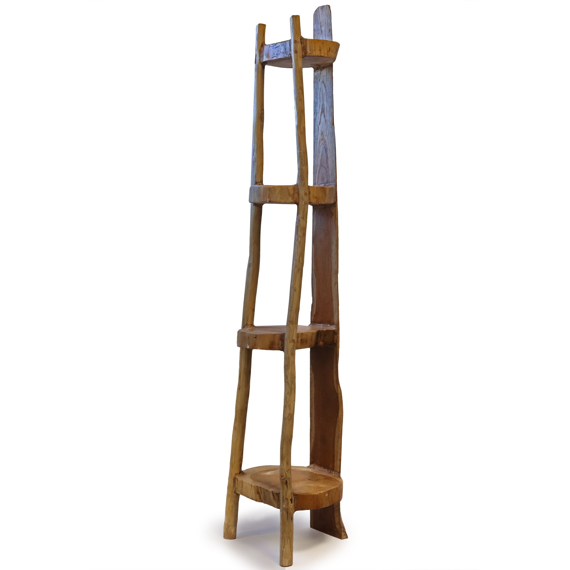 Wooden ladder shelf with a white background